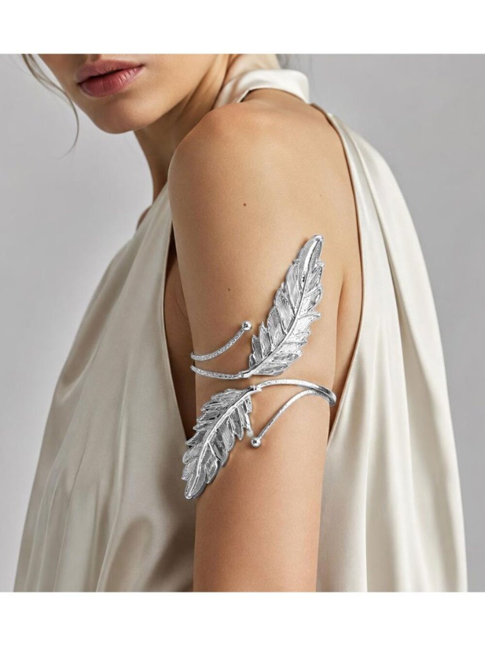 Tigerstars Bold Silver Textured Metal Double Leaf Arm Cuff Bracelet